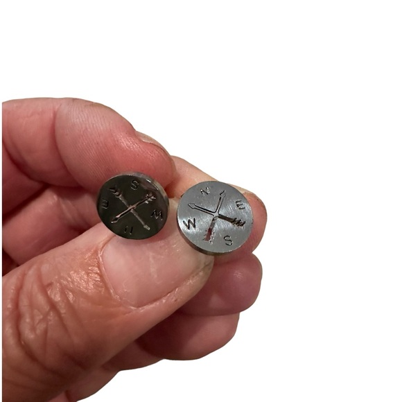 Stainless Steel Silver Round Compass Stud Earrings - Picture 2 of 4